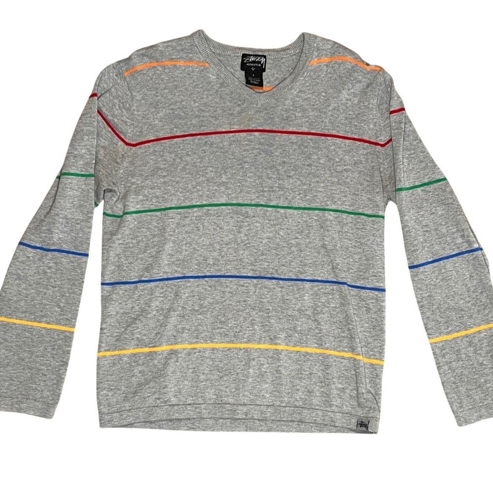 Stussy Grey Mens Long Sleeve Sweater Striped V Neck Cotton Size L Y2K Vintage